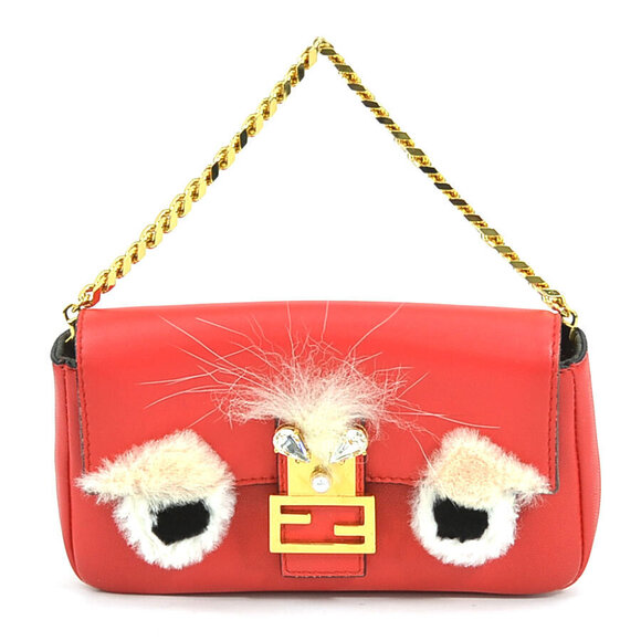 Fendi Baguette Handbag Leather Fur Red Multicolored Gold